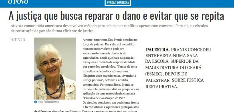 Jornal O Povo publica entrevista com Kay Pranis, realizada na Esmec
