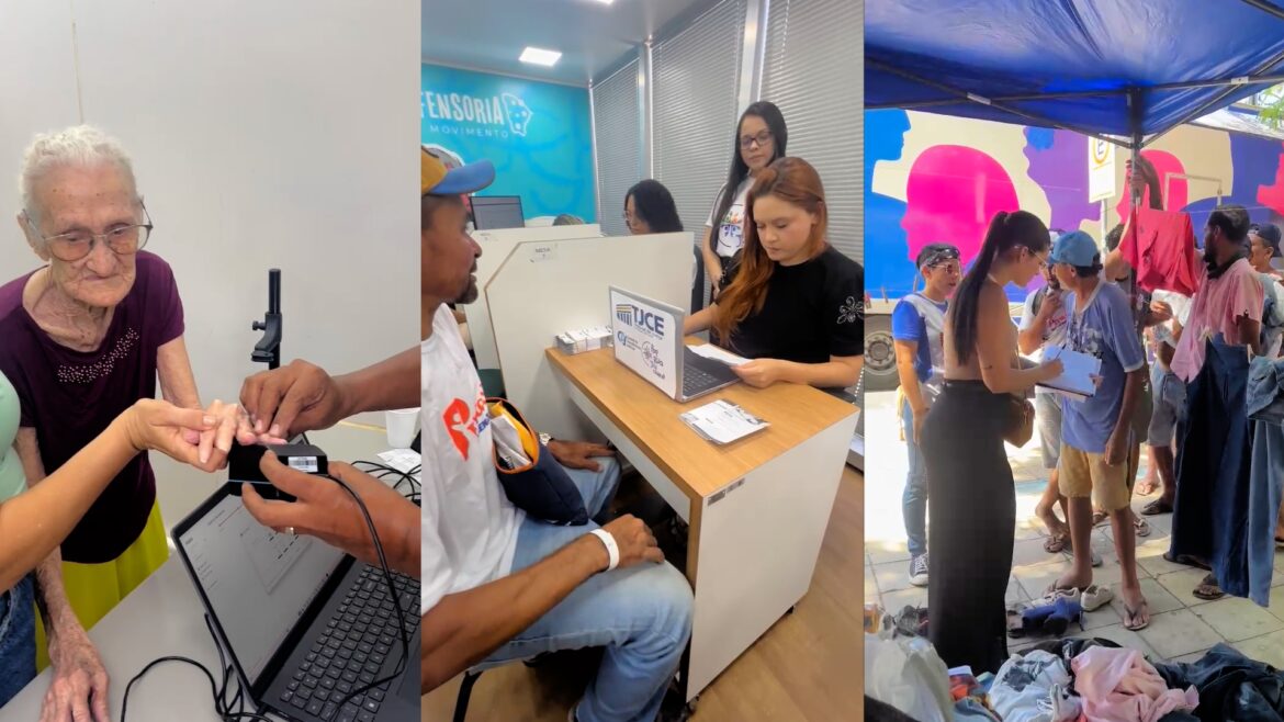 Imagem feita a partir de uma montagem com três fotos: na primeira, uma idosa coloca o dedo em aparelho para colher a digital; na outra duas mulheres fazendo atendimento de um homem e, na última foto, uma mulher com papel e caneta na mão; na frenta dela, várias pessoas numa fila segurando roupas