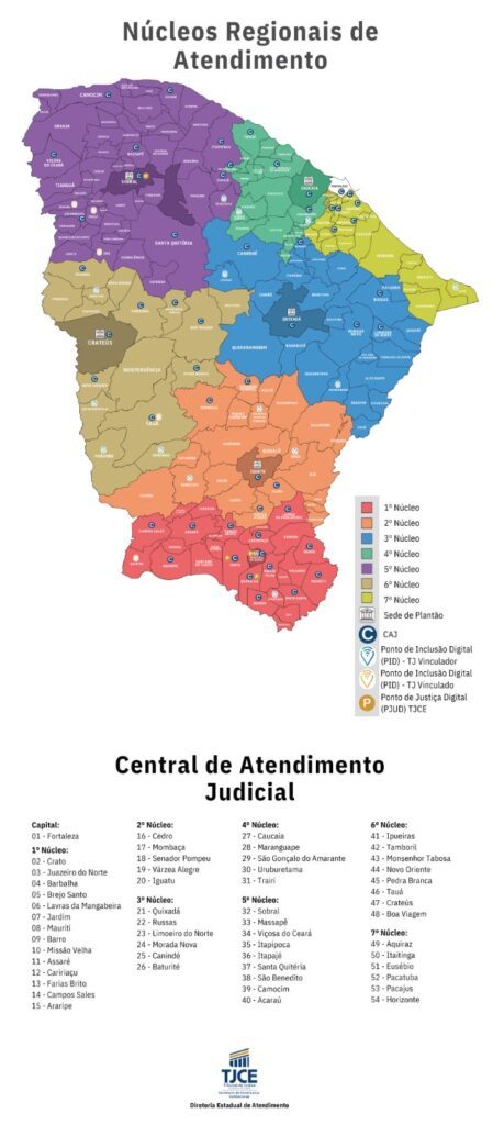 Foto do mapa do Ceará, em várias cores representando os Núcleos Regionais de Atendimento da CAJ