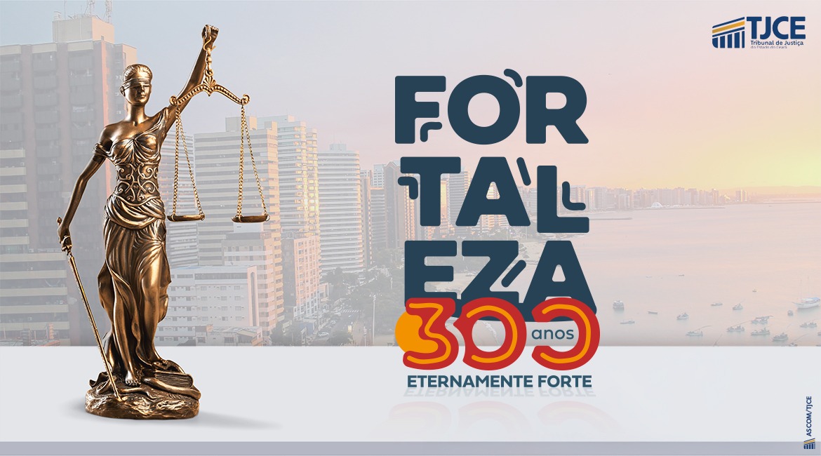 Arte da deusa Temys, ao fundo vários prédios da cidade de Fortaleza, e ao lado da Themys, a Frase escrita: Fortaleza 300 anos