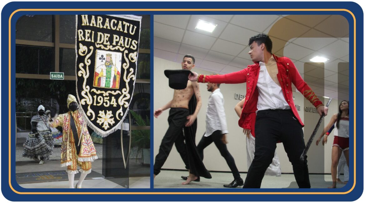 Foto de apresentação em que várias pessoas estão no palco dançando músicas tradicionais