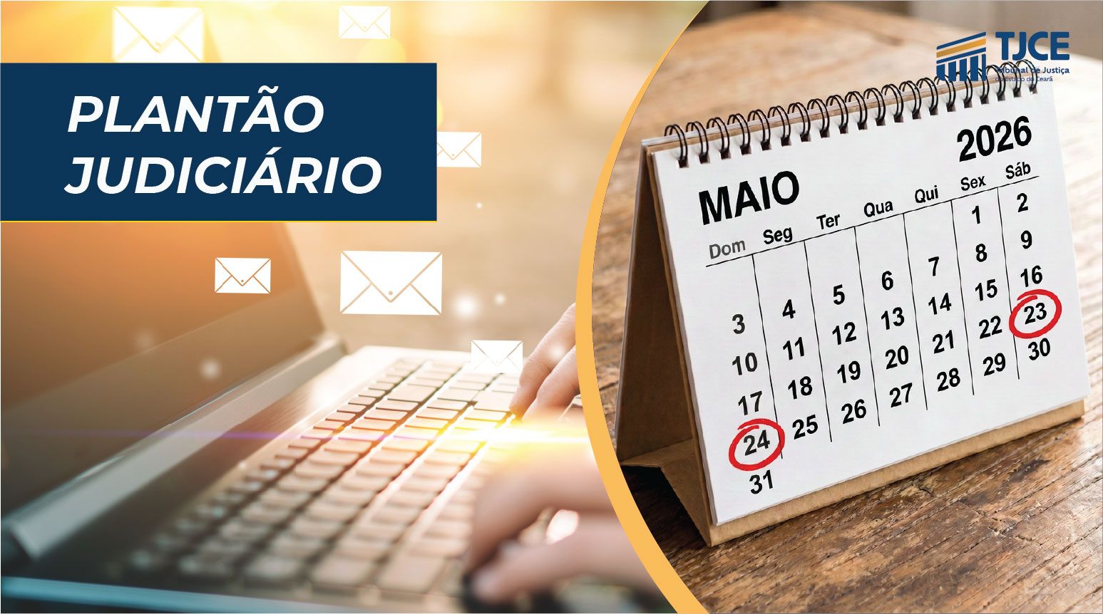 Arte mostrando um teclado ao lado de um calendário de maio de 2026, que tem as datas de 23 e 24 circuladas em vermelho.