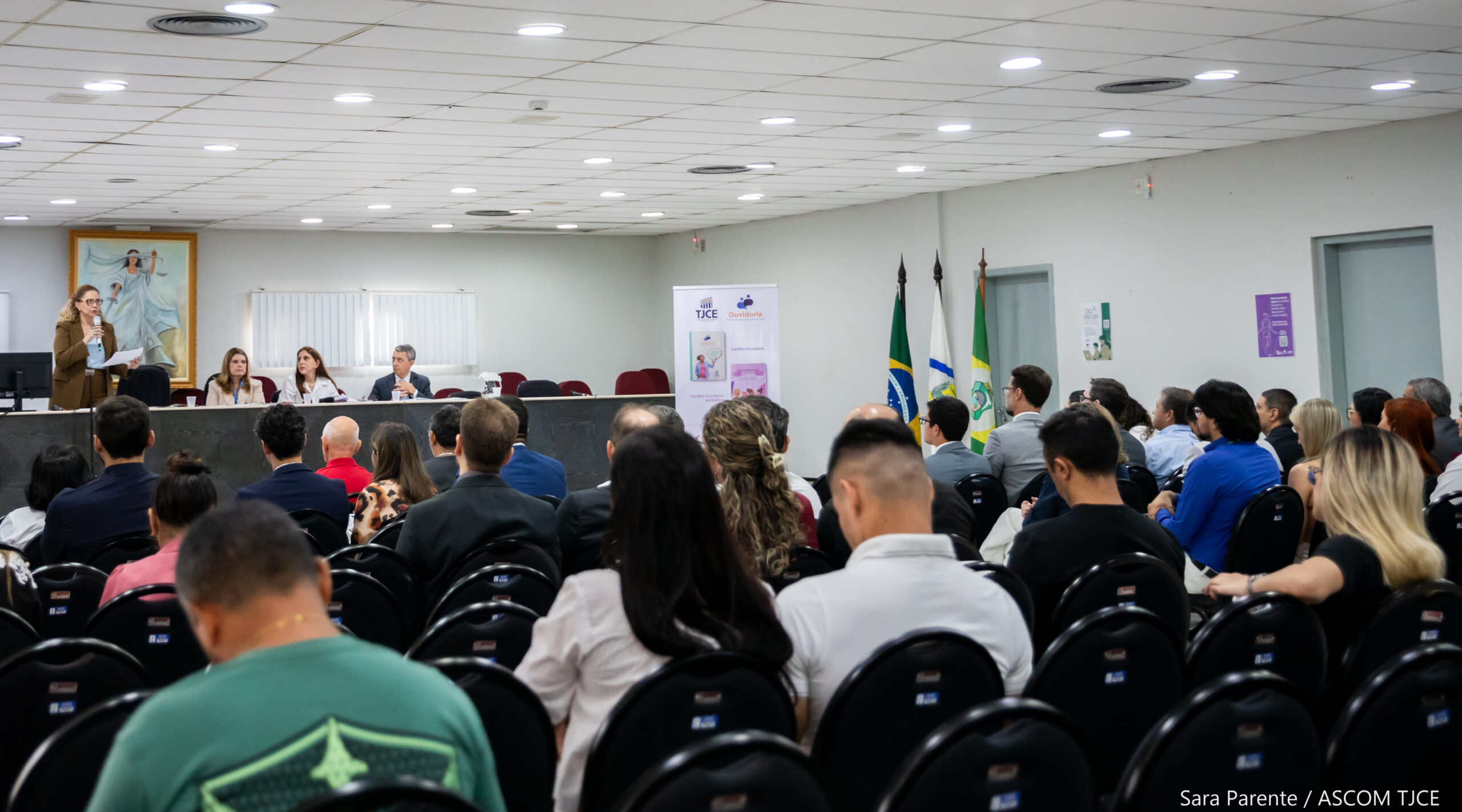 Foto de uma mulher falando ao microfone no palco. À frente dela, várias pessoas sentadas ouvindo em um grande auditório