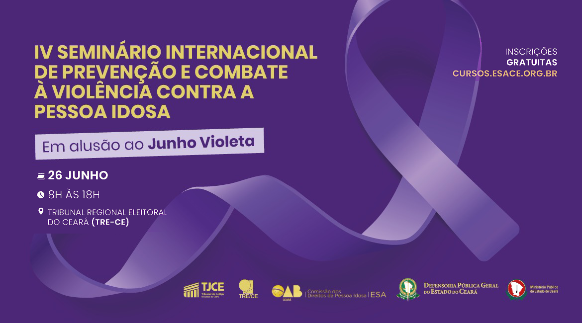 Imagem de uma arte na cor violeta, em alusão junho violeta, com informações sobre seminário que ocorrerá no TRE-CE