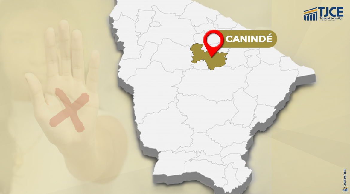 Arte com o mapa do Ceará, destacando a cidade de Canindé, com uma mão com um X na palma, ao fundo, como marca d´agua.