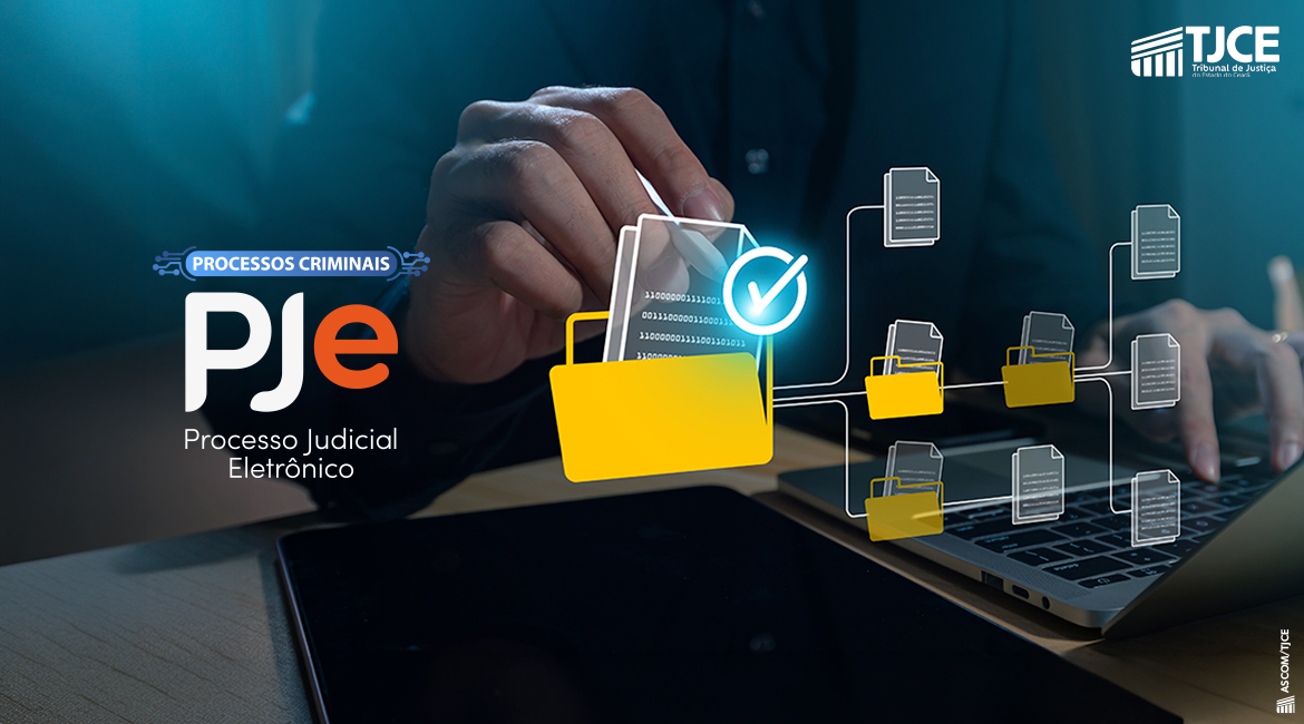 Imagem com vários simbolos que remetem a tecnologia e a logo do PJe