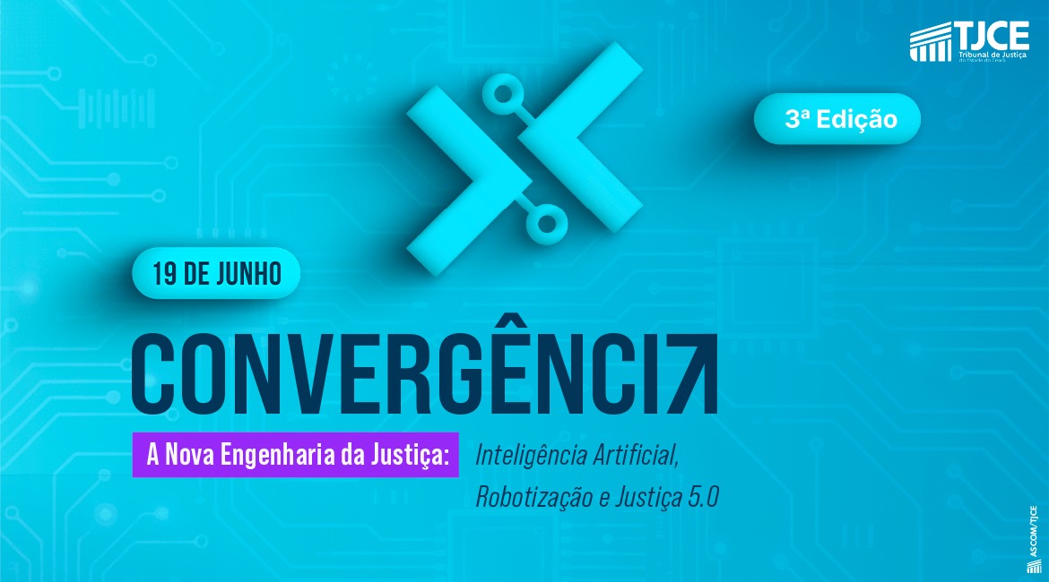 Arte azul com logotipo do evento em preto e lilás.
