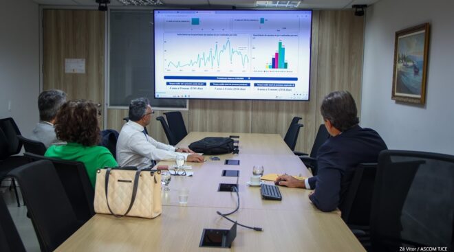 Três homens e uma mulher, sentados à mesa, olham para gráficos em um telão