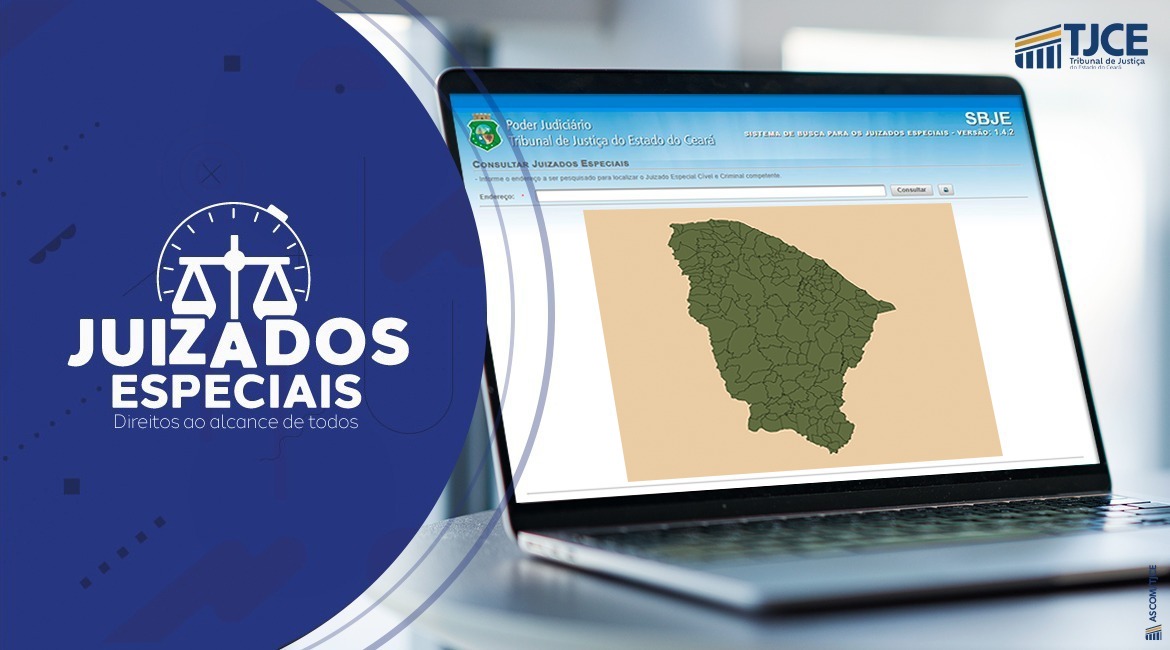 Juizados Especiais 1-1783373352 Imagem de um computador com o mapa do Ceará. Ao lado do computador um semicírculo azul com o nome Juizados Especiais