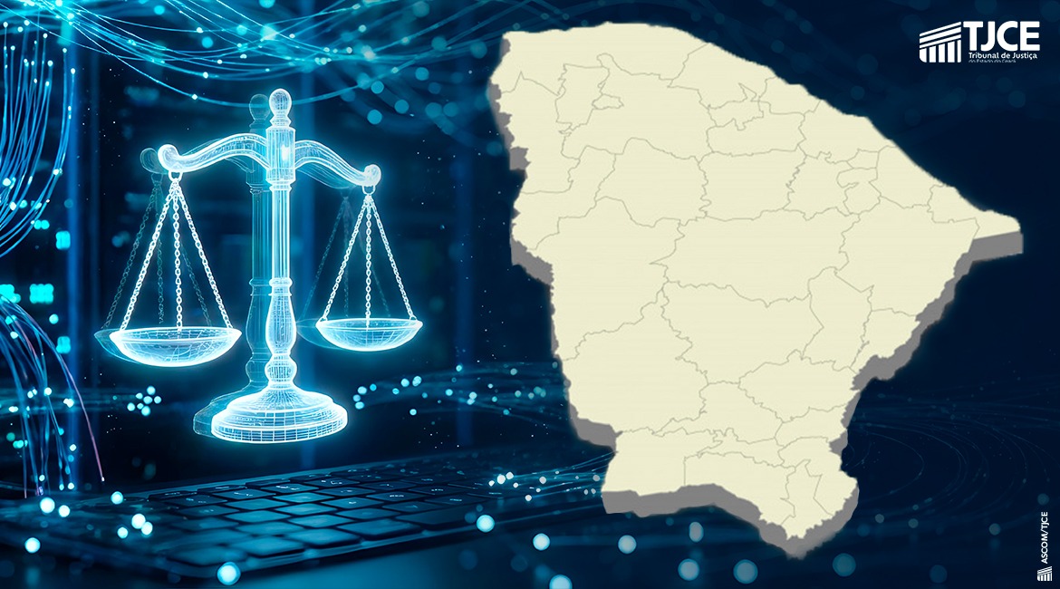 Núcleo 4.0-1784147908 Imagem em cor predominante azul com símbolos da justiça e ao lado um, na cor branca, um mapa do Ceará
