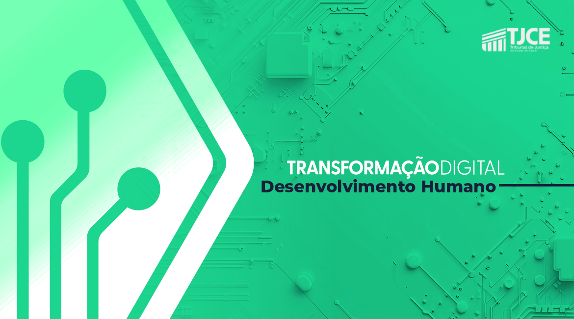 Arte com a logo do Promojud na cor verde, e ao centro, em destaque, a frase: Transformação digital, desenvolvimento humano