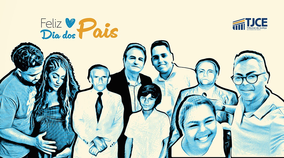 Arte, em tons de azul e amarelo, a partir das fotos de pais e filhos que aparecem na reportagem.