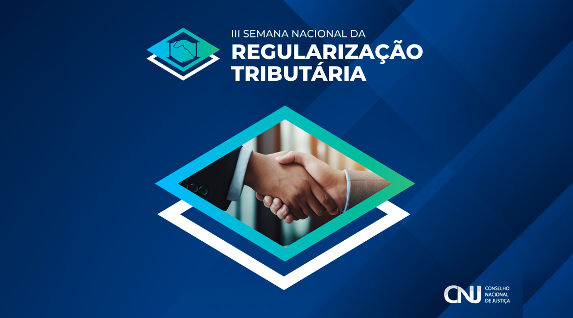Arte na cor com o fundo azul escuro, onde se vê ao centro o cumprimento de mãos representando a conciliação