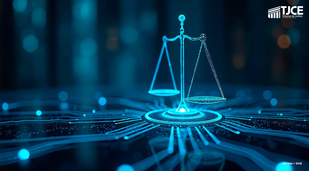 Imagem de uma balança da Justiça digital, na cor azul, transparente, que remete a um ambiente de tecnologia virtual, em uma arte também azul