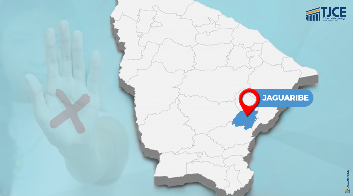 Mapa do Ceará com símbolo de localização na cidade de Jaguaribe e a palavra Jaguaribe escrita.