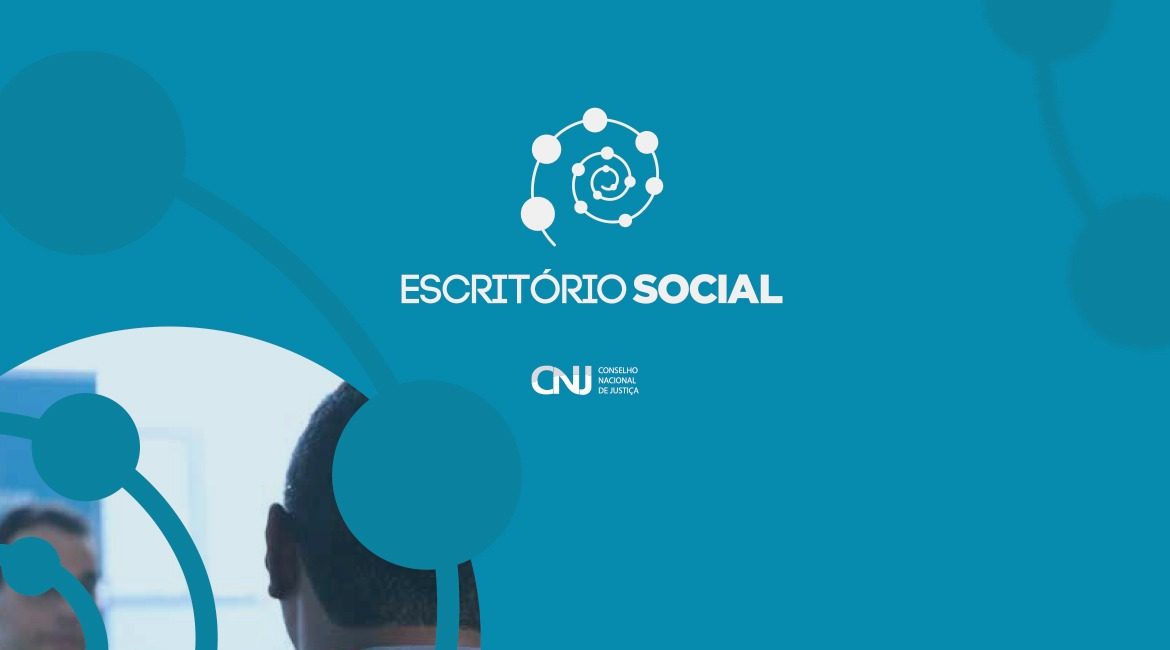 Arte na cor azul, com o nome: Escritório Social ao centro da imagem, com a logo do Escritório acima e, abaixo, a logo do CNJ