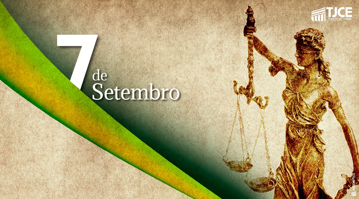 Arte da deusa themis, com o número 7 e a palavra setembro, com cores transversais que remetem às cores da bandeira do Brasil