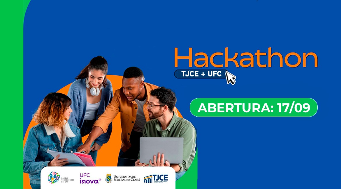 Arte com fundo azul em que se vê dois homens e duas mulheres dialogando na frente de um computador.